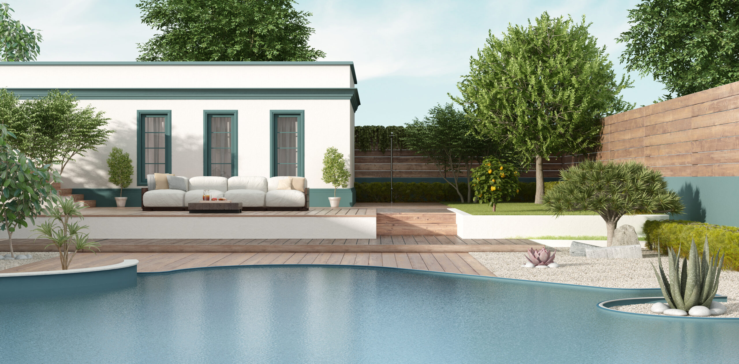 large pool with garden